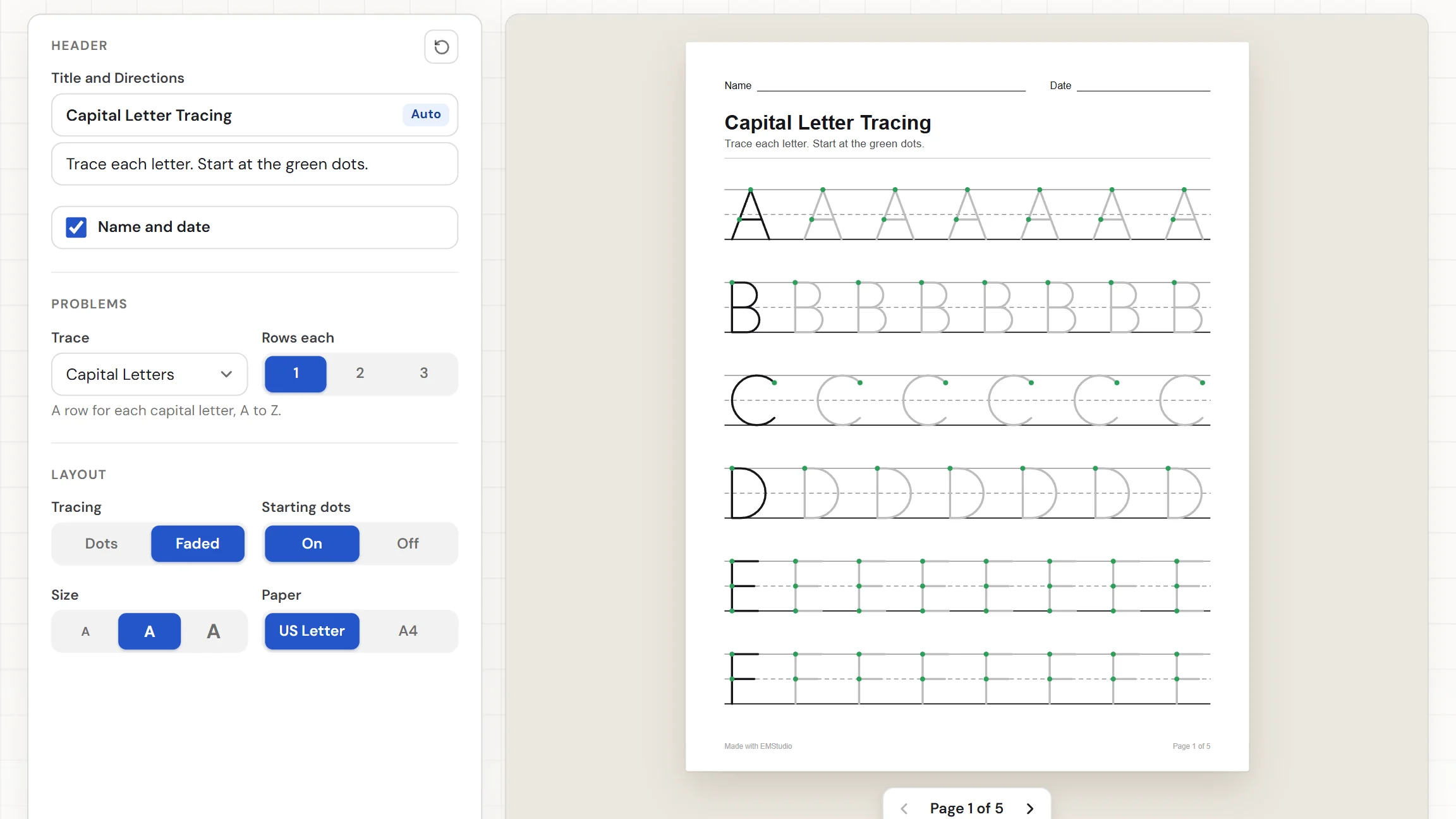 The EMStudio tracing worksheet generator showing a page of capital letters on guide lines with dotted copies to trace, and the Trace, Rows each, Tracing, and Size settings on the left