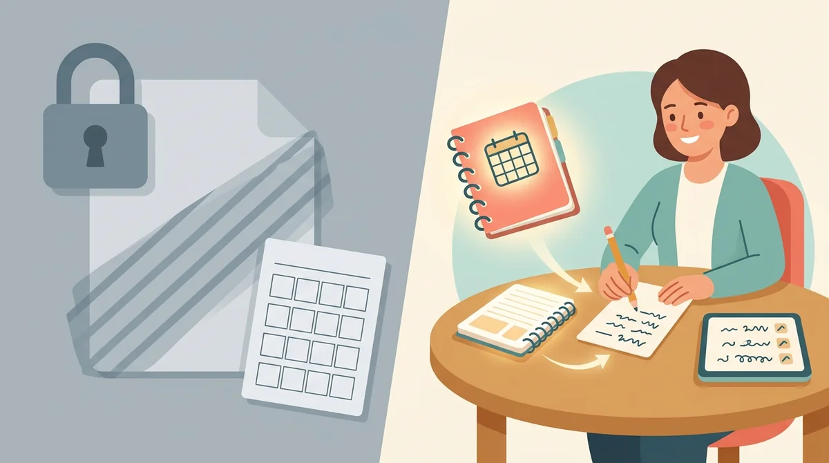 A teacher writing vocabulary words and meanings on a notepad next to a laptop showing a quiz taking shape
