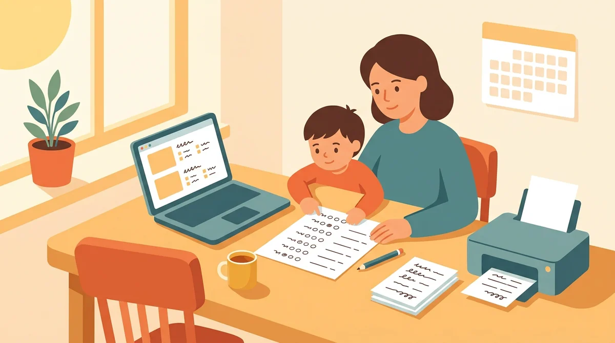 A parent and a child at a kitchen table with a laptop and a printed vocabulary quiz being filled in with a pencil