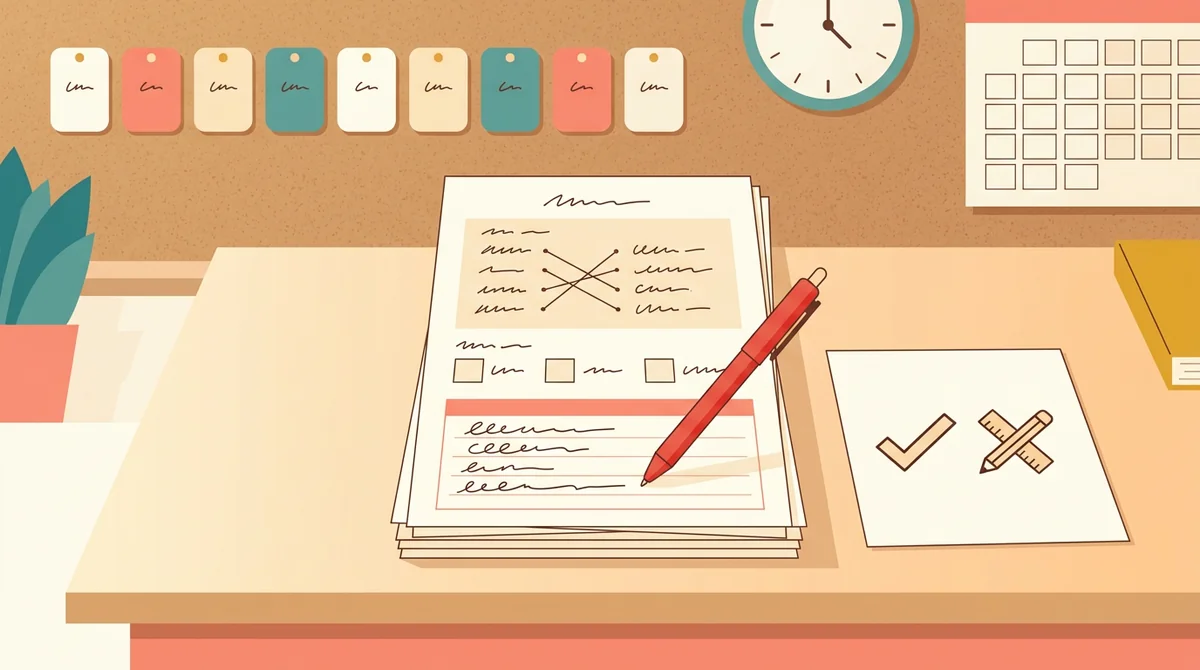 A teacher at a desk marking a stack of printed vocabulary quizzes with a red pen, with an answer key beside them