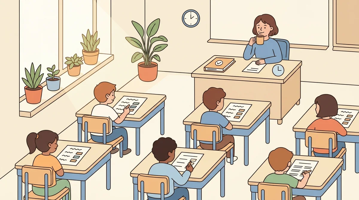 A substitute teacher handing out printed quizzes to students at their desks while a note sits on the teacher's desk