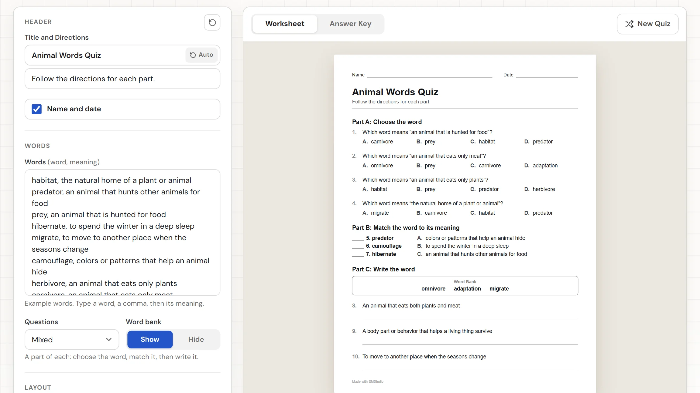 The EMStudio vocabulary quiz generator showing a mixed quiz of animal words, with the words box and settings on the left and the Worksheet and Answer Key tabs above the page
