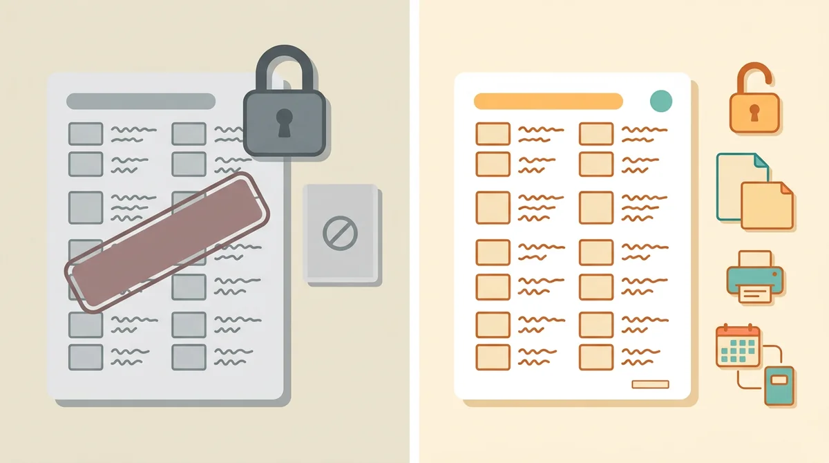 A printed vocabulary chart with an answer key beside it, an unlocked padlock, and a crossed-out price tag