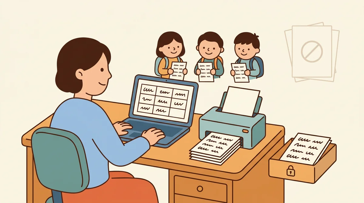 A teacher handing out printed vocabulary sheets to a row of students at their desks