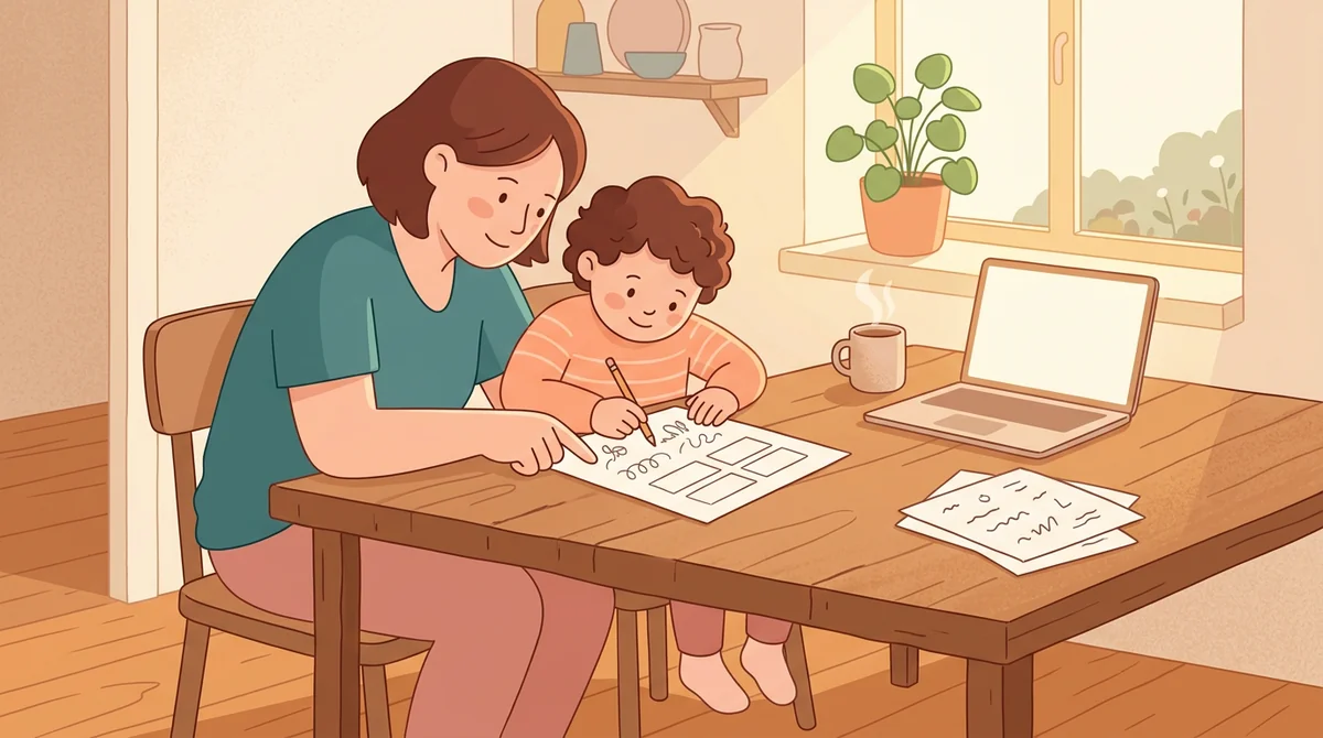 A parent and a child at a kitchen table with a laptop and a printed vocabulary chart being filled in with a pencil