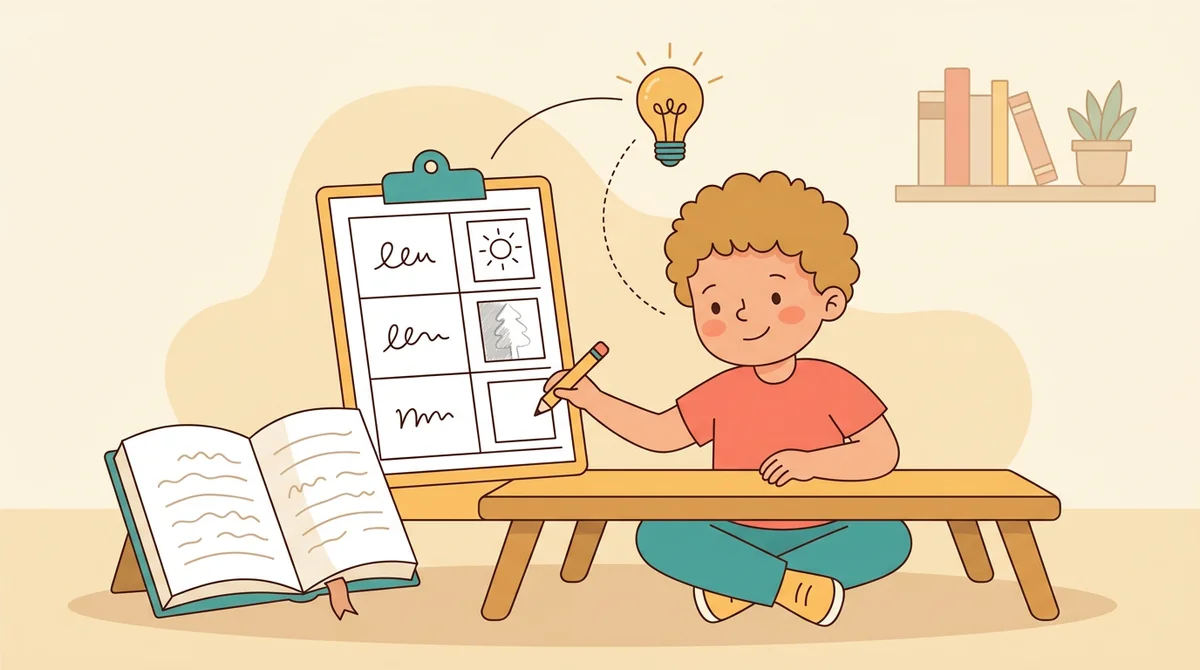 A student at a desk drawing a small picture in the last column of a vocabulary chart with a book open beside it