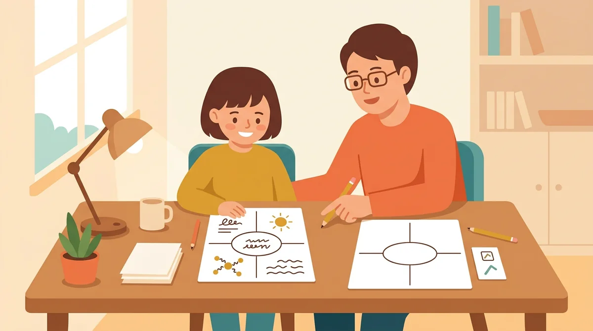 A student at a kitchen table filling in a four square vocabulary page with a pencil