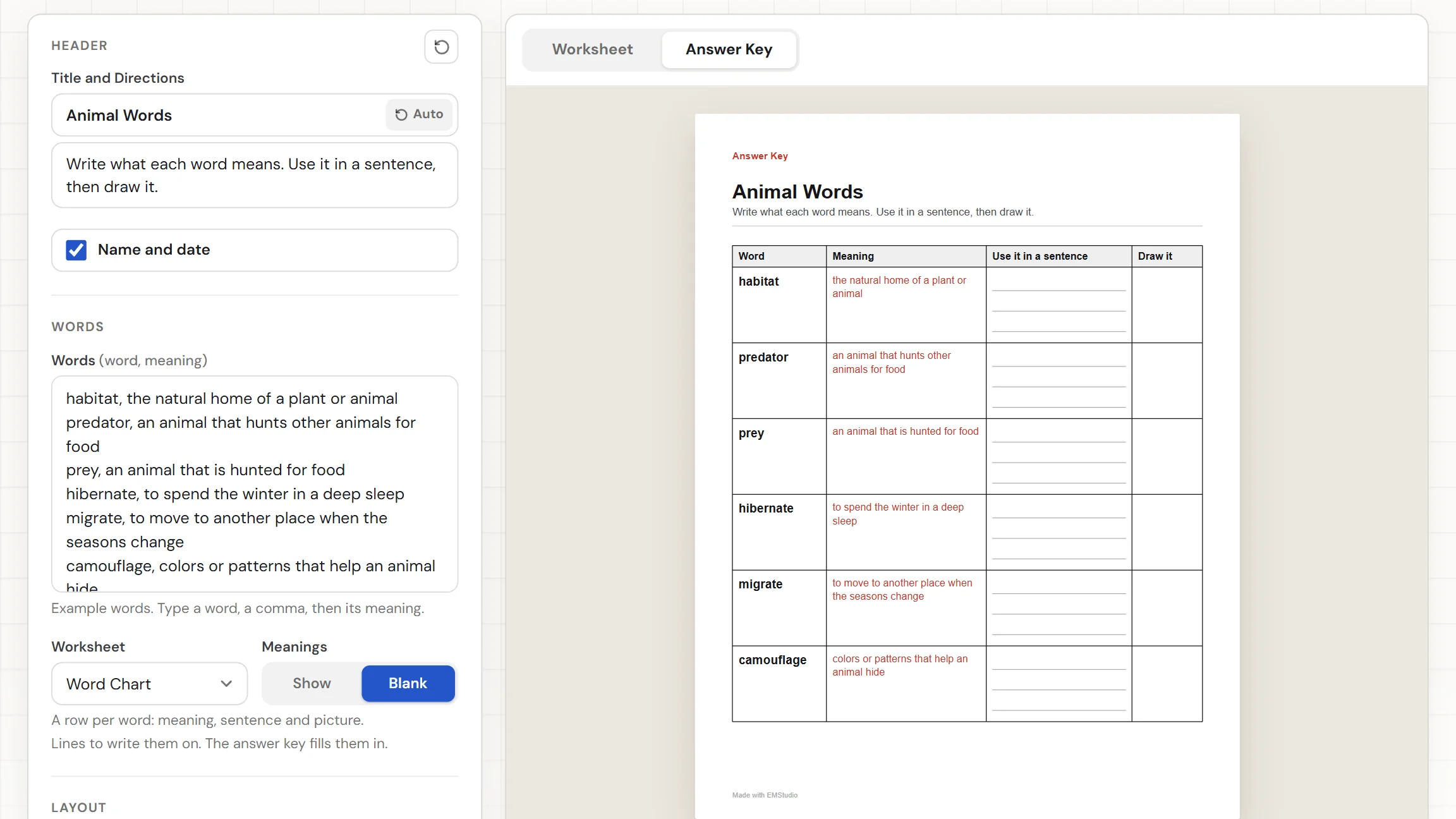 The EMStudio vocabulary worksheet generator showing a Word Chart of animal words, with the words box and settings on the left and the Worksheet and Answer Key tabs above the page