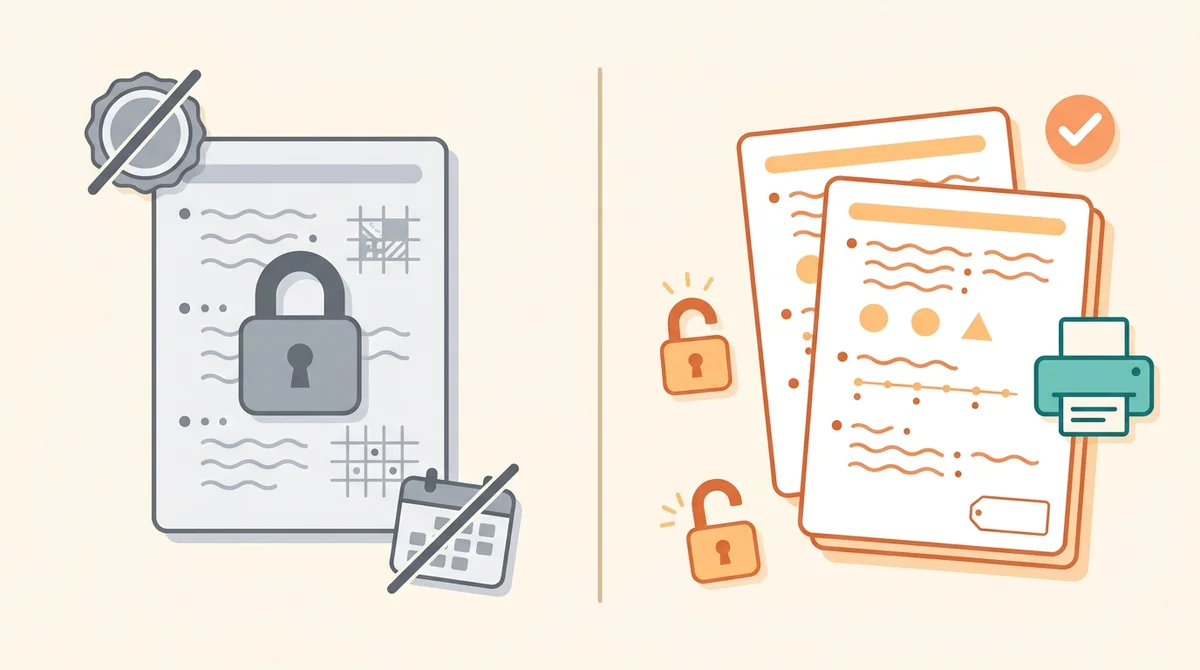 A printed story problem page with an answer key beside it, an unlocked padlock, and a crossed-out price tag