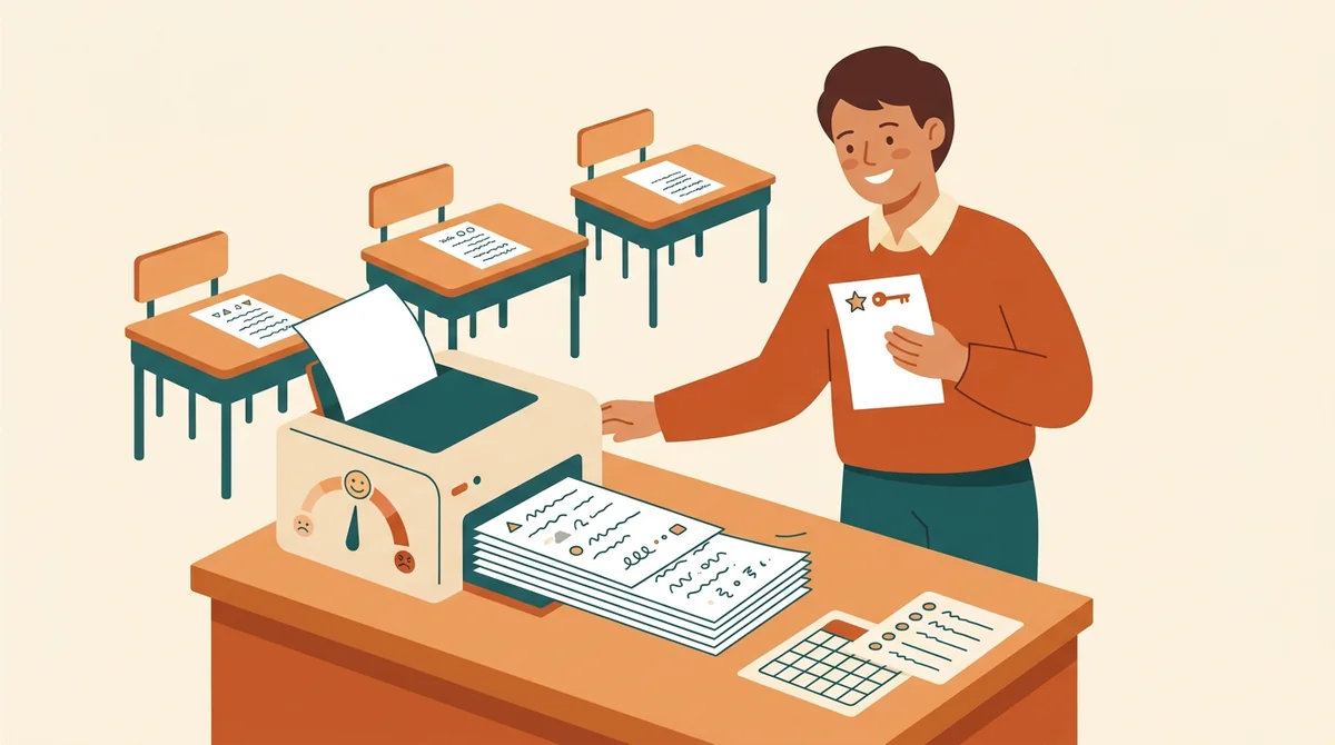 A teacher handing printed story problem sheets to a row of students at their desks