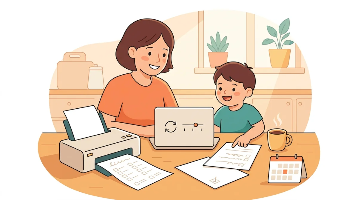 A parent and a child at a kitchen table with a laptop and a printed story problem page being solved with a pencil