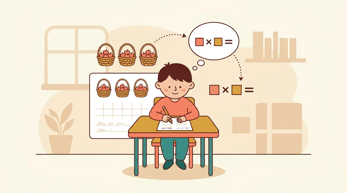 A teacher at a whiteboard showing a multiplication fact while a stack of printed story problems waits on the front desk