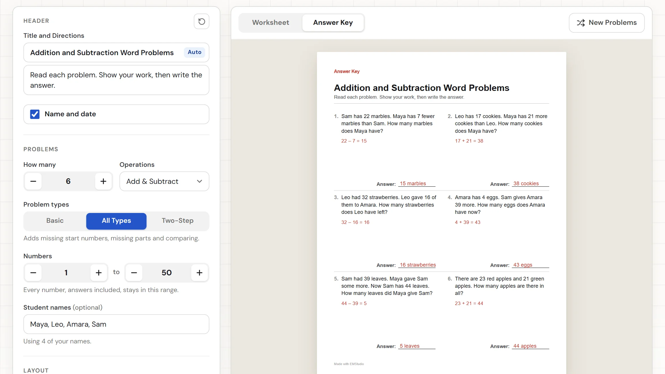 The EMStudio word problem generator showing a finished page of numbered story problems, with the Operations, Problem types, and Numbers settings on the left and the Worksheet and Answer Key tabs above the page
