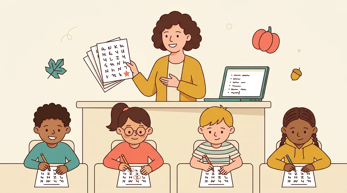 A teacher handing out printed word scramble sheets to a row of students at their desks
