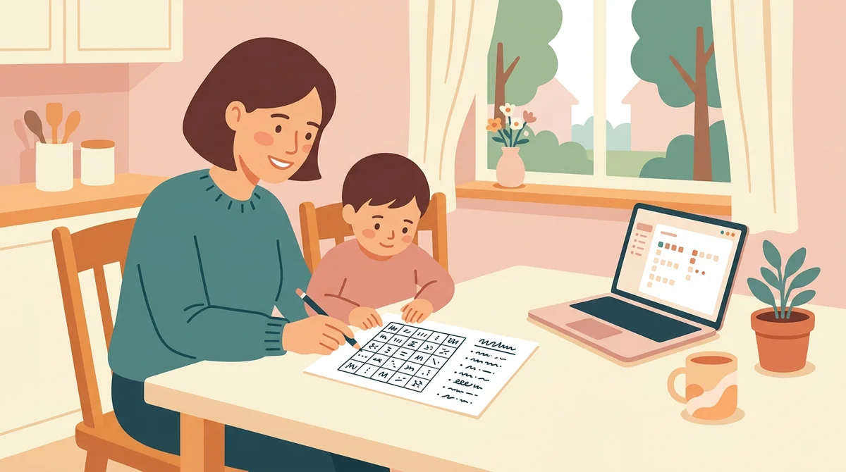 A parent and a child at a kitchen table with a laptop and a printed word scramble being filled in with a pencil