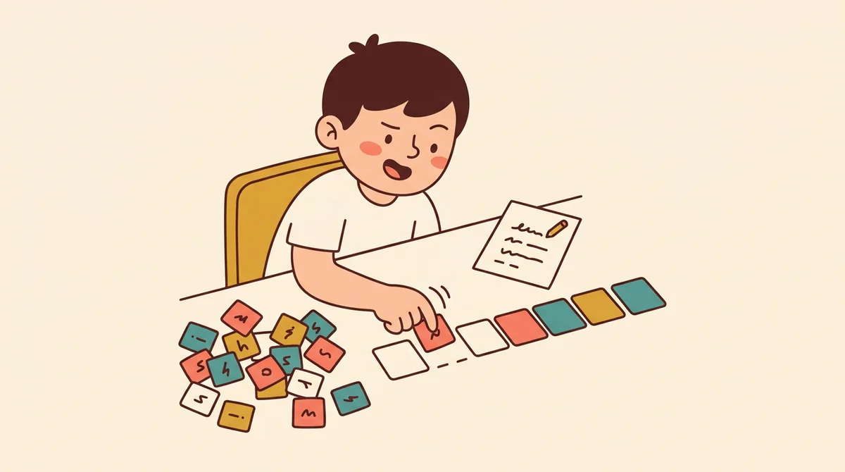 A teacher at a desk typing a weekly spelling list into a laptop while a printed word scramble sits beside the keyboard