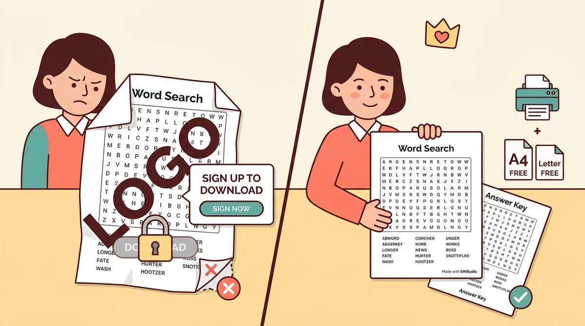 A printed word search with an answer key beside it, an unlocked padlock, and a crossed-out price tag
