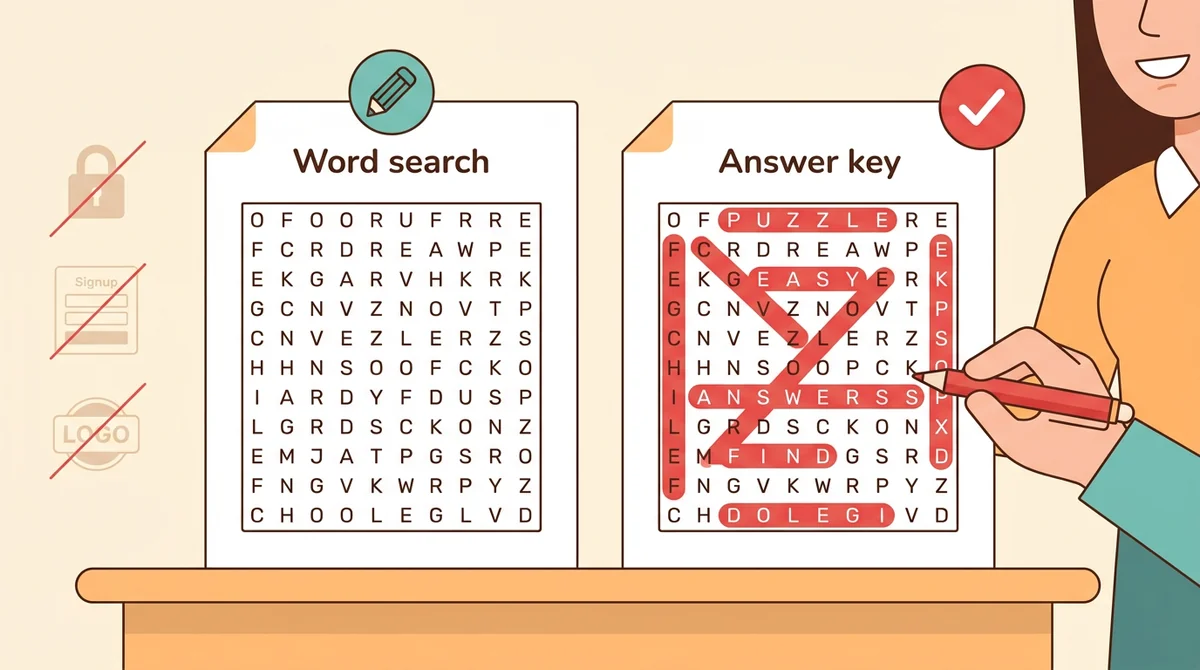 A worksheet and its answer key side by side, the key showing red highlighter bands over the hidden words
