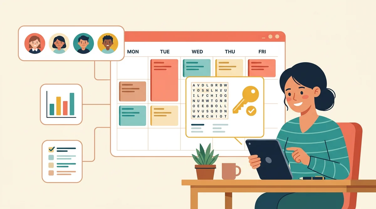 A tablet showing a teacher planner with tiles for lessons, students, grades, and attendance