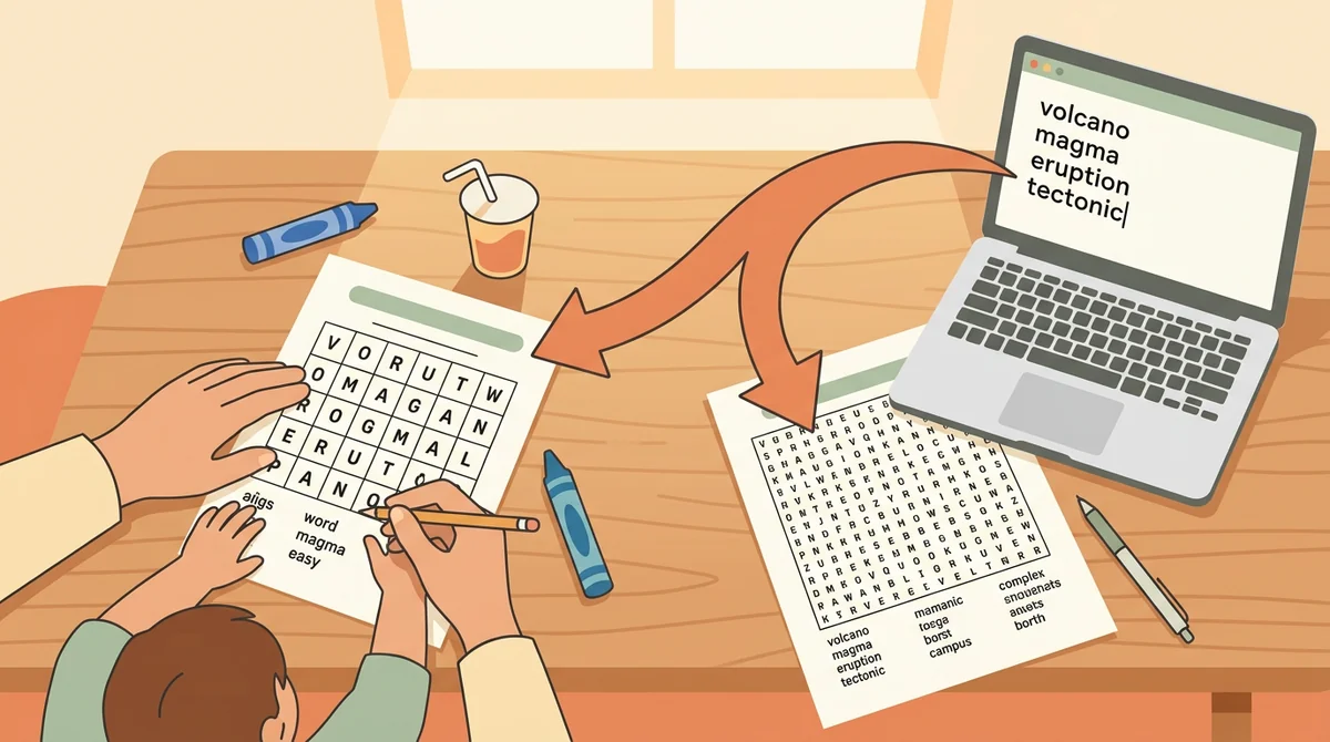 A parent and a child at a kitchen table with a laptop and a printed word search being circled with a pencil
