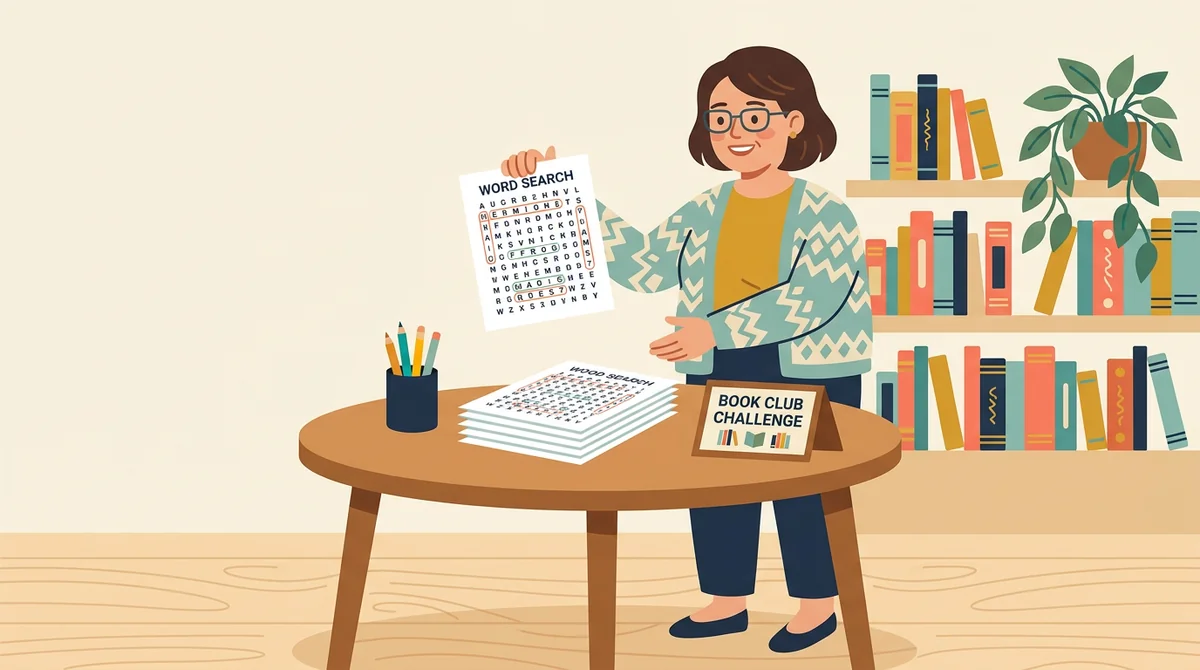 A librarian setting a stack of word search sheets and pencils on a library table beside a shelf of picture books
