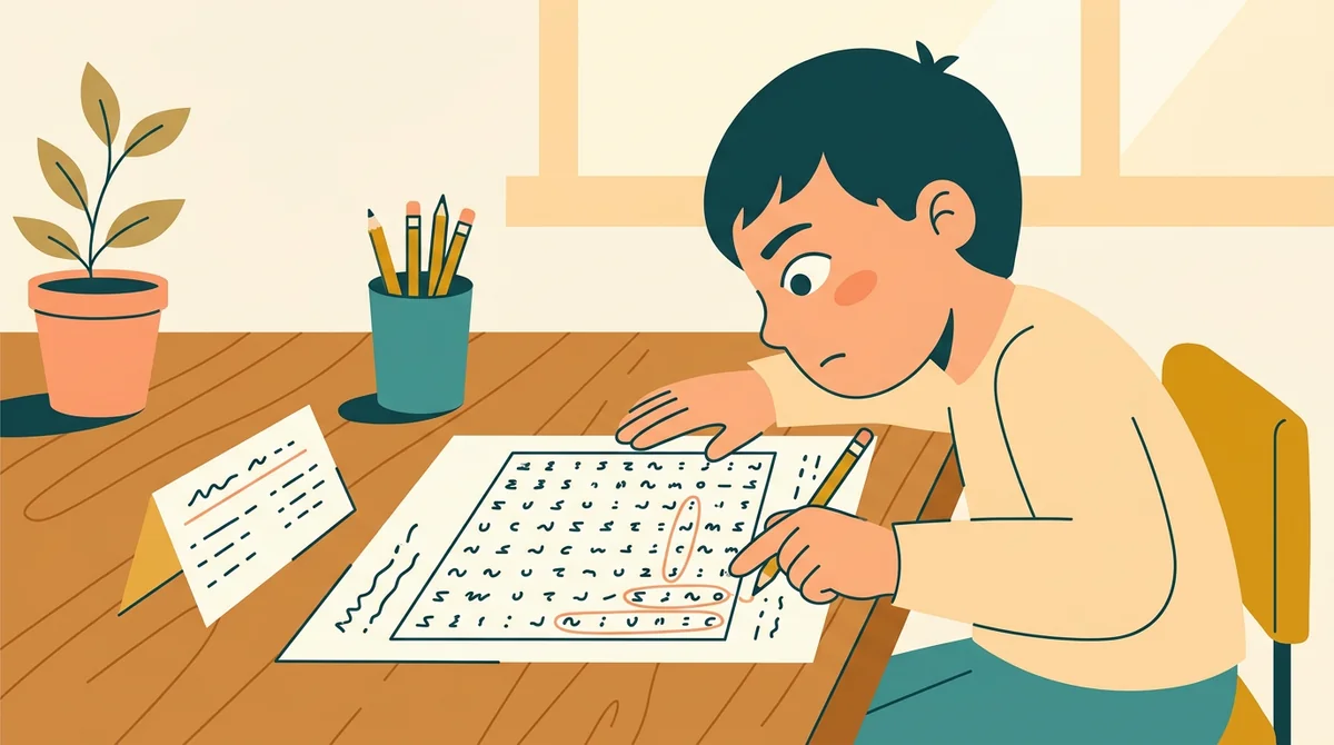 A teacher at a desk typing a weekly spelling list into a laptop while a printed word search sits beside the keyboard