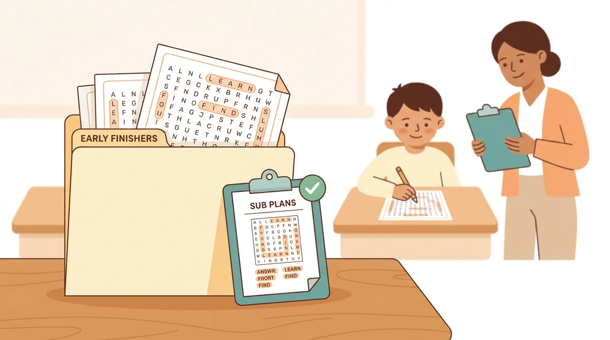 A student at a desk circling words on a word search while classmates still work on their tests in the background