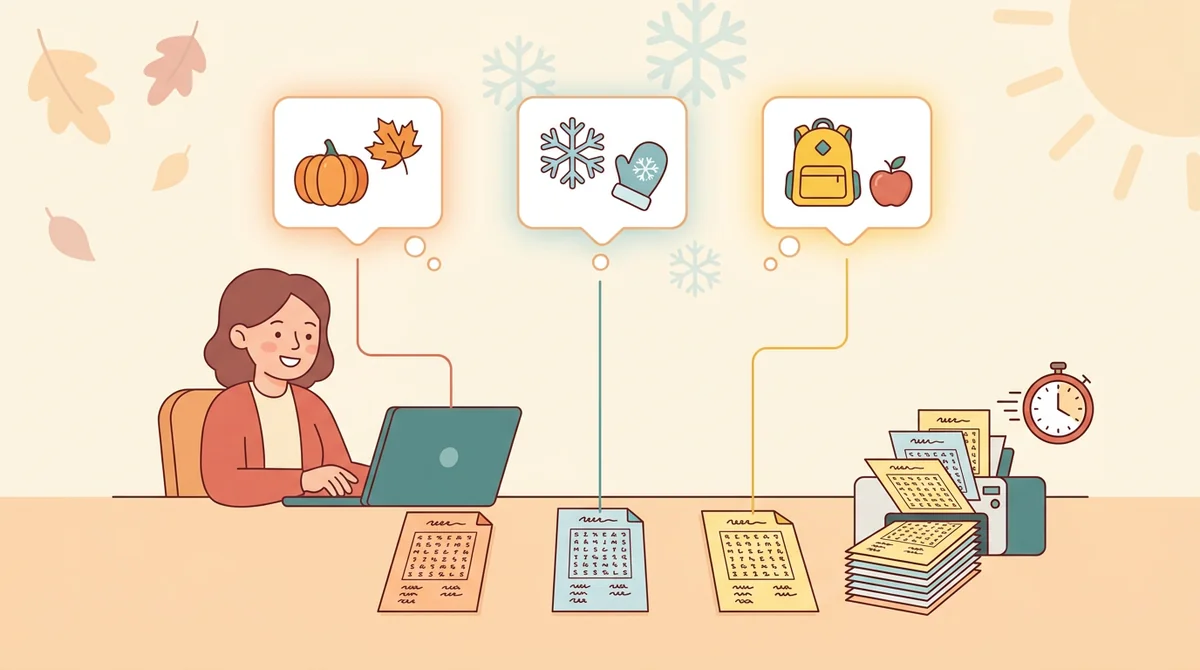 A classroom wall with paper leaves and snowflakes and a stack of printed word search sheets on the teacher's desk