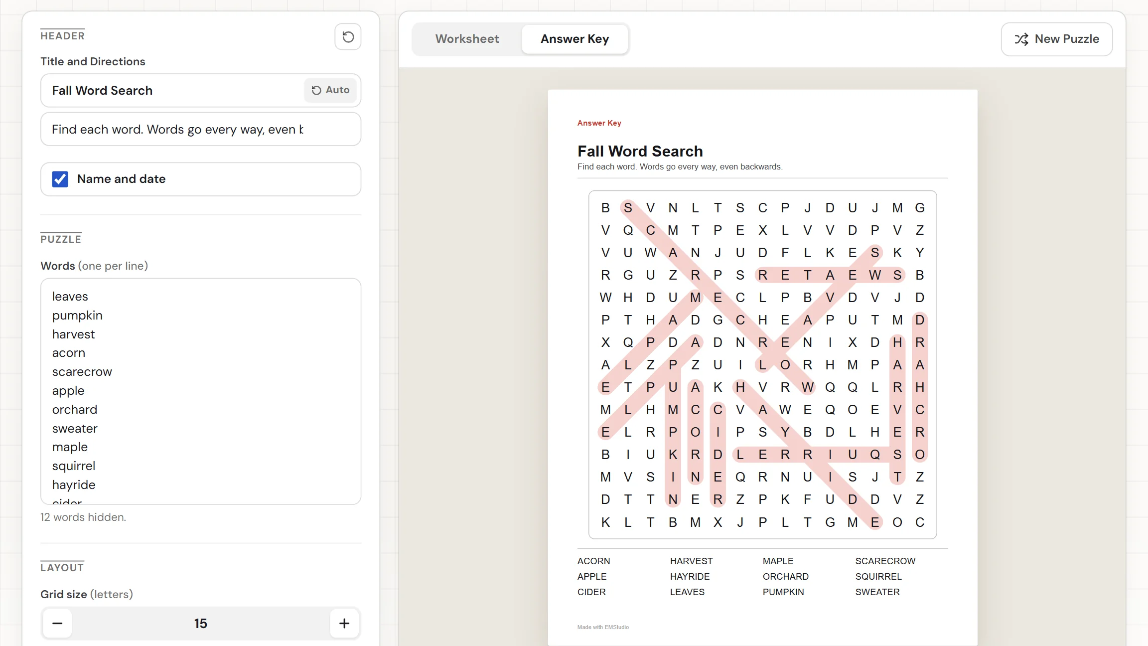 The EMStudio word search maker showing a finished space-words puzzle with the words box and settings on the left and the Worksheet and Answer Key tabs above the grid