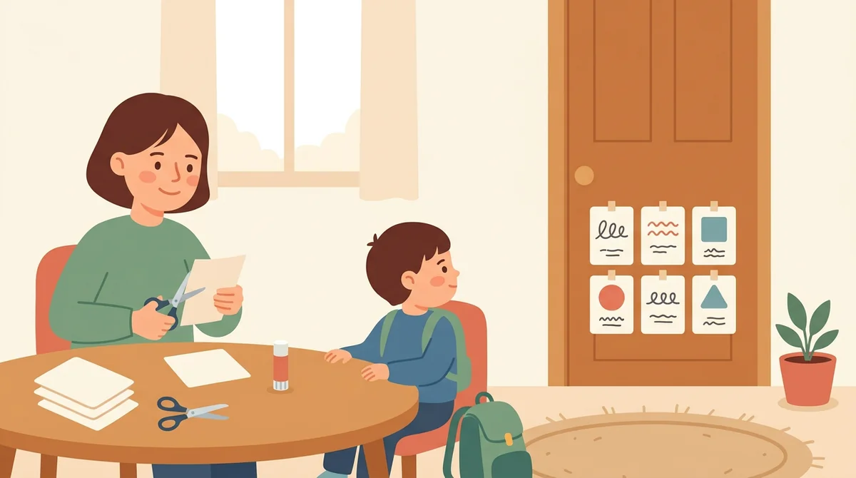 A parent and a child at a kitchen table cutting printed word cards apart with scissors