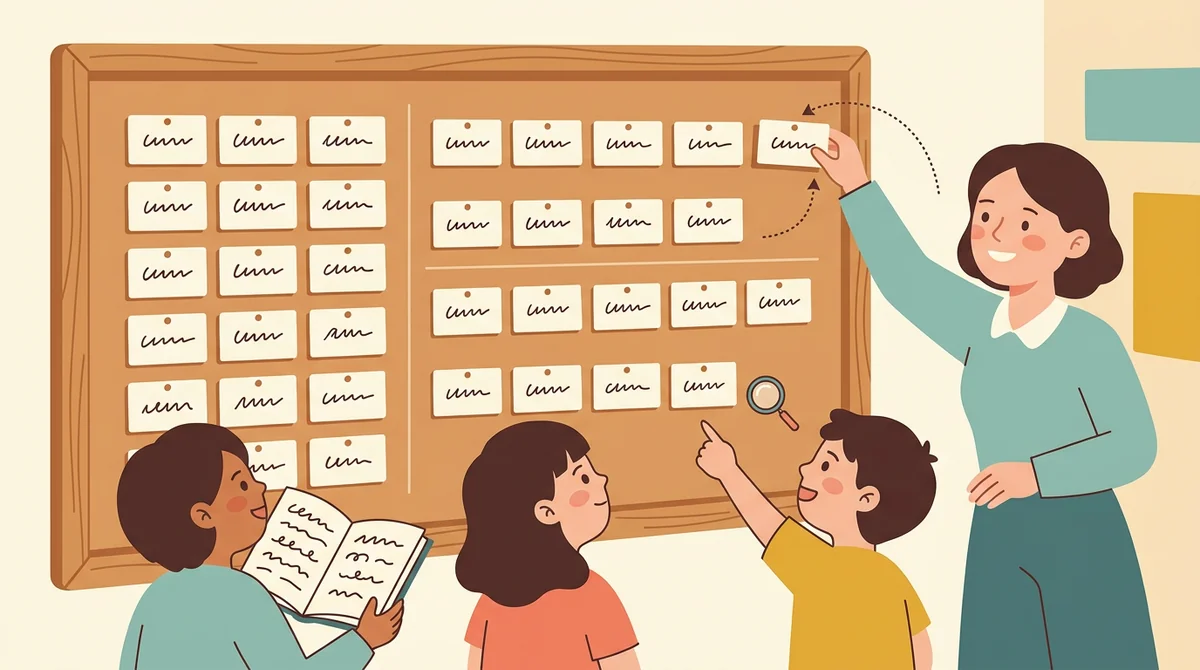A language teacher pinning a printed word card to a board while a small group of learners watches