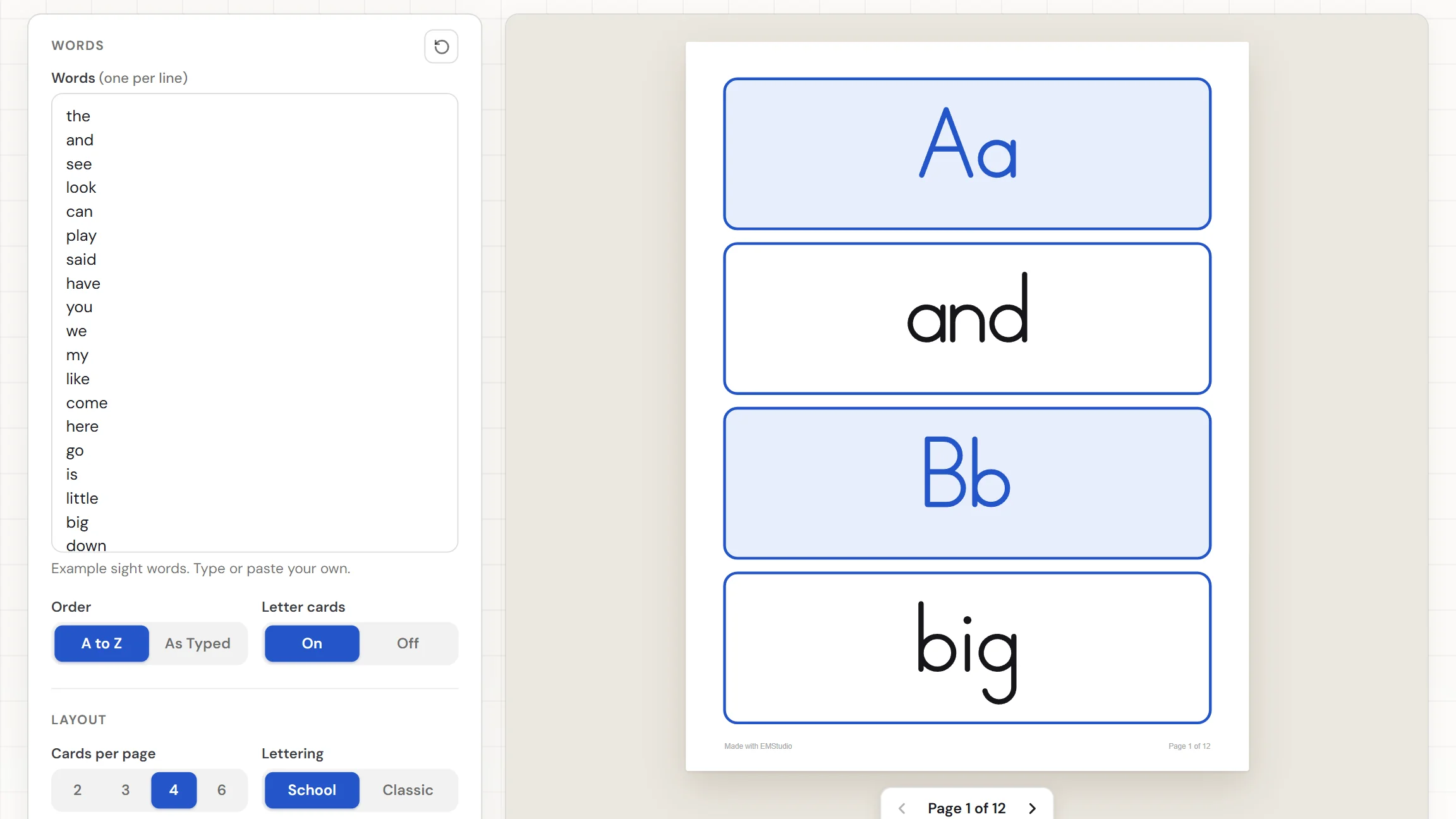 The EMStudio word wall maker showing a page of blue word wall cards with the words box and settings on the left and the sheet preview on the right