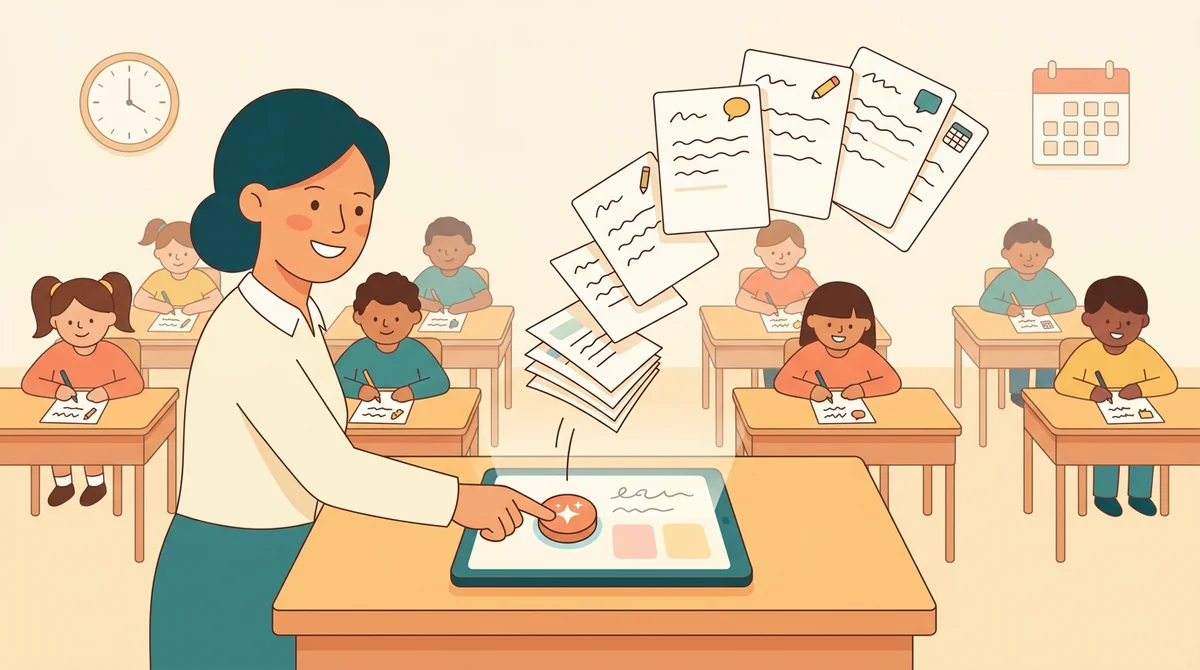 A teacher handing out printed writing prompt pages to a row of students at their desks