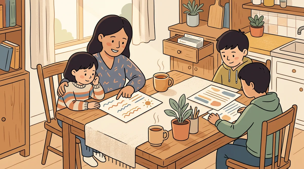 A parent and a child at a kitchen table with a printed writing prompt page and a pencil
