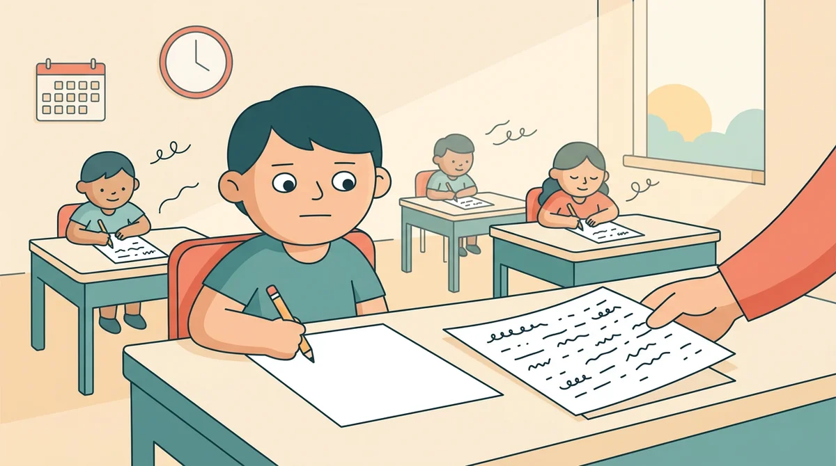 Students at their desks writing on printed prompt pages while a teacher watches a classroom timer