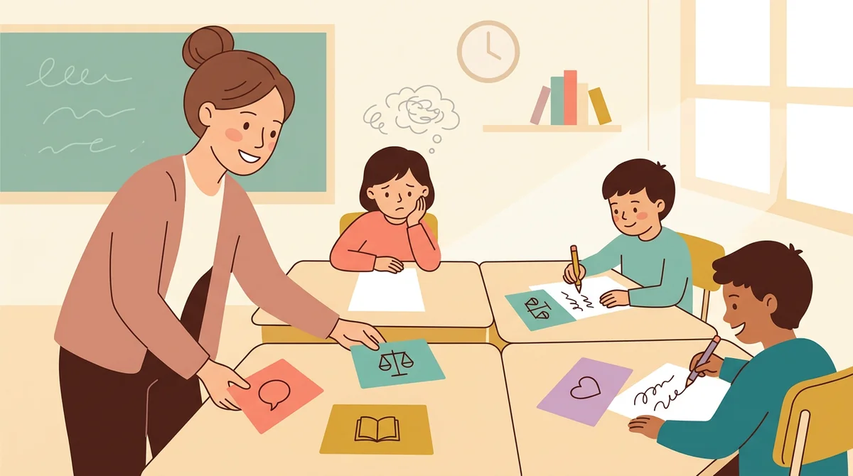 A teacher beside a board listing four kinds of writing while students hold printed prompt pages