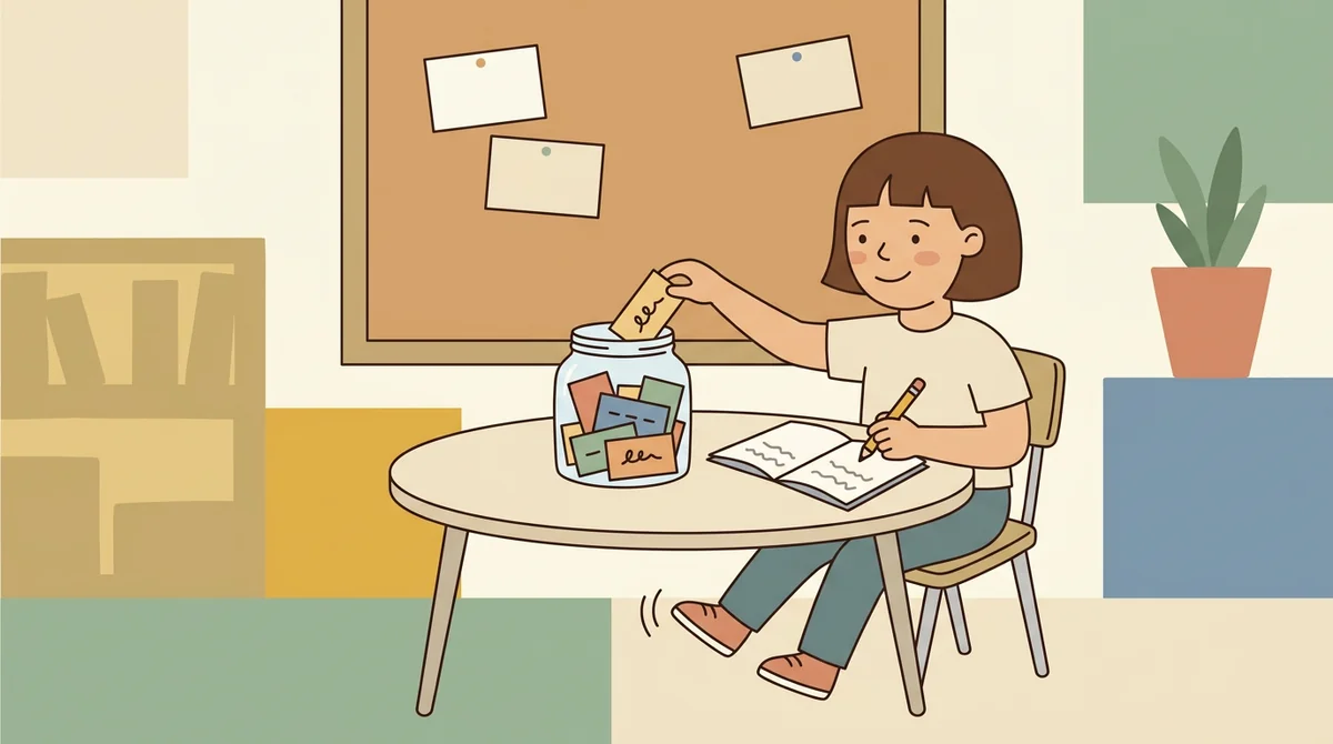 A small group at a table drawing a prompt card from a jar and writing in their notebooks