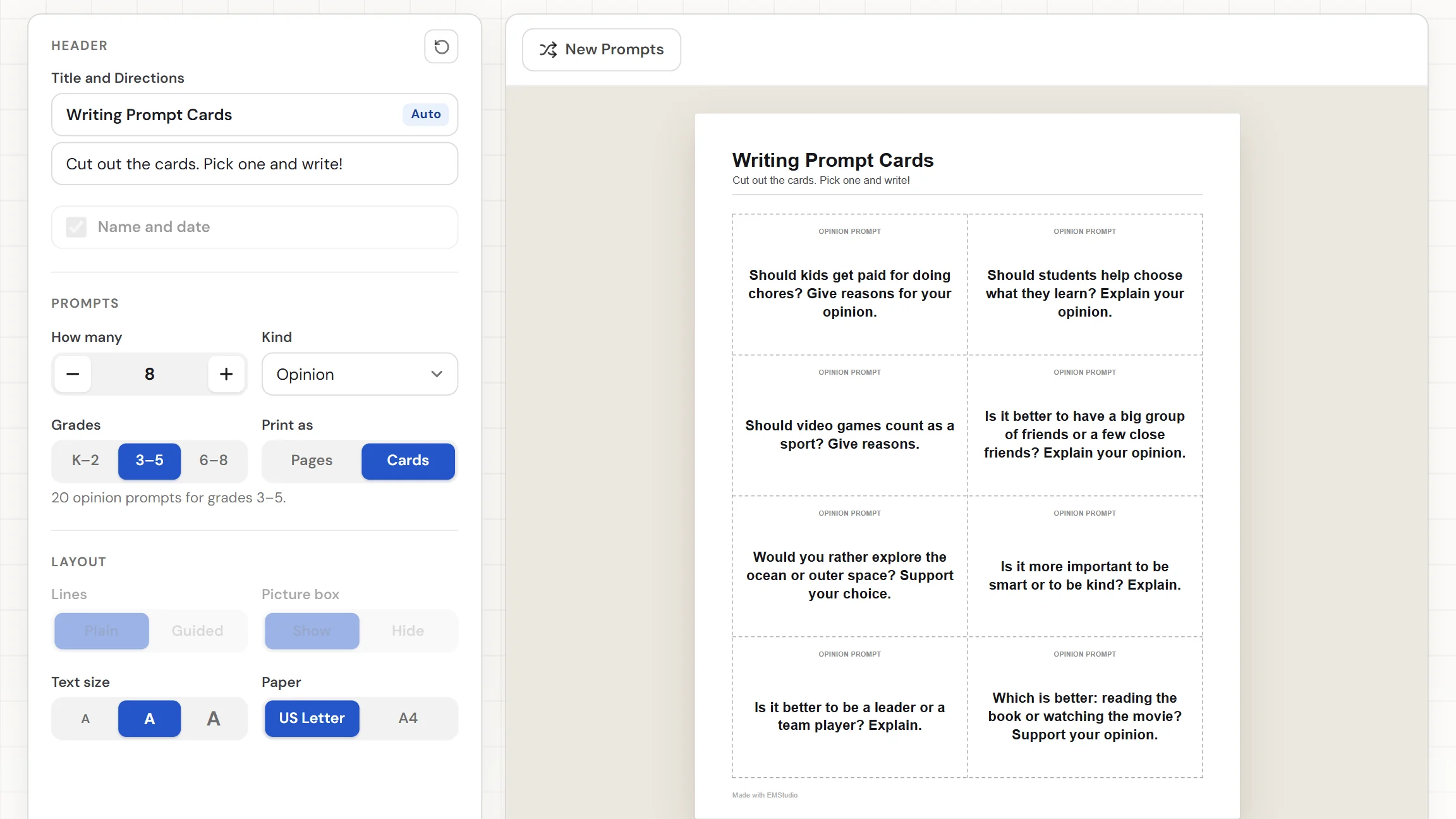 The EMStudio writing prompt generator showing a story prompt page, with the kind and grades settings on the left and a prompt box, picture box, and writing lines on the page
