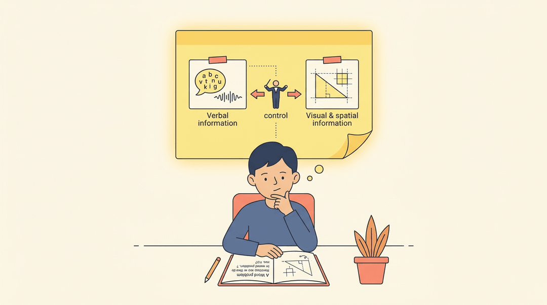 Student thinking at a desk with a glowing sticky note diagram illustrating verbal, visual, and control processing.