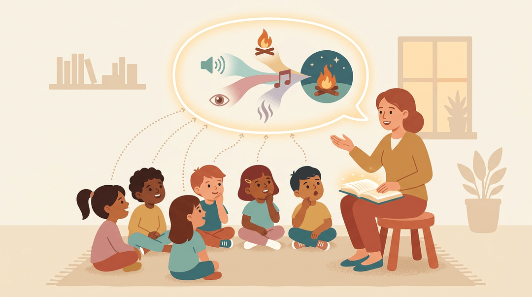 Teacher shares a story, blending senses into one vivid memory as captivated children listen in a cozy classroom.