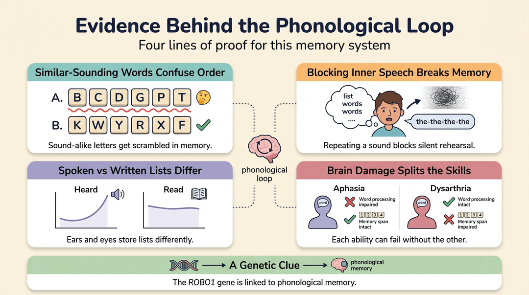 Infographic showing four proofs for the phonological loop, including word confusion, speech blocking, sensory differences, and brain damage effects.