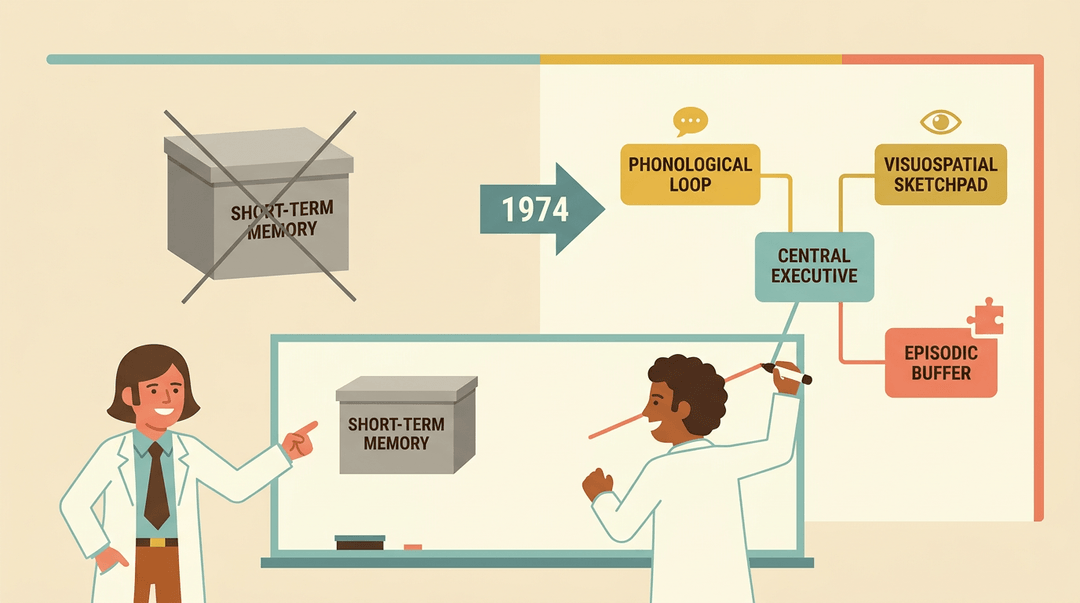 Scientists illustrate the 1974 shift from single short-term memory to Baddeley’s multi-component working memory model.