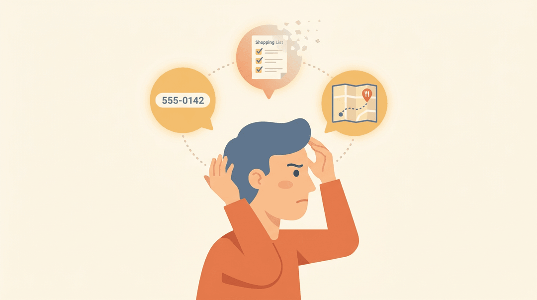 Person juggling glowing thought bubbles for phone, map, and a fading shopping list against a warm cream background.