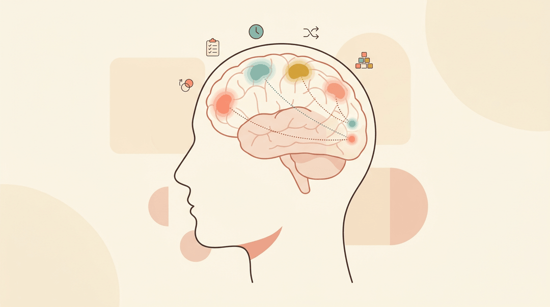 Side profile of a head showing a brain with distinct glowing sections linked by dotted lines, representing separate executive functions.