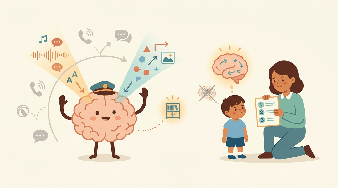 A teacher guides a student using a simple checklist, illustrating how clear steps reduce cognitive load and improve focus.