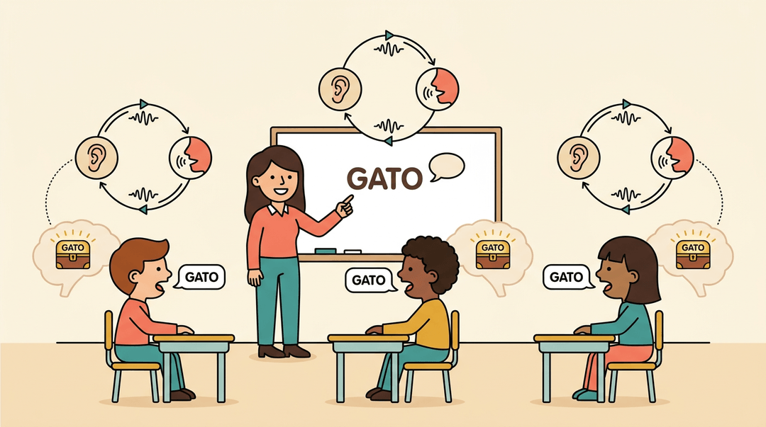 Teacher points to 'GATO' on whiteboard while students repeat it, with diagrams showing sound looping into memory.