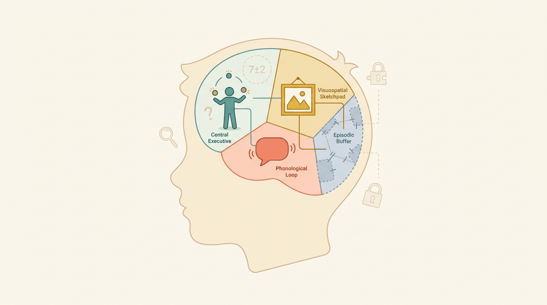Diagram of working memory showing central executive, phonological loop, visuospatial sketchpad, and episodic buffer inside a student's head.