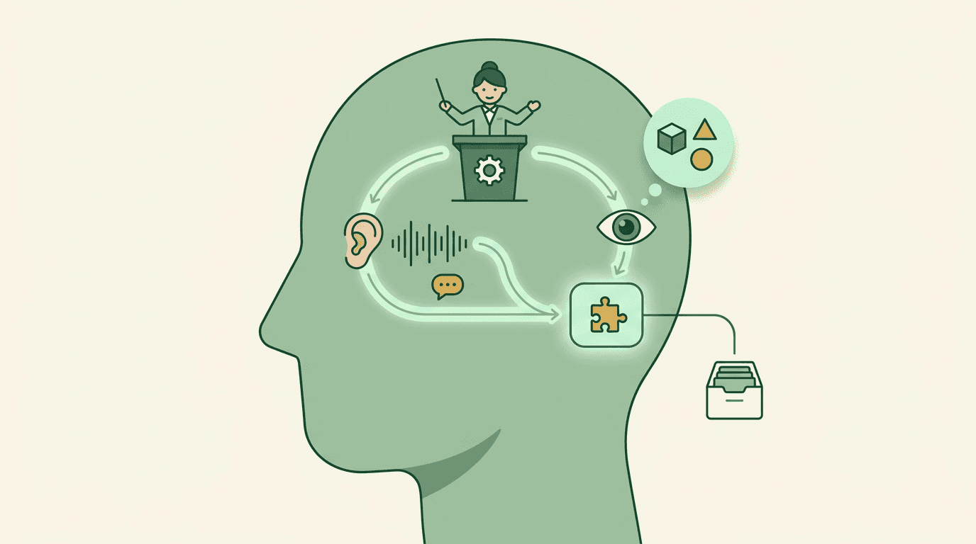 A diagram inside a head shows working memory components processing sound, visuals, and storage.
