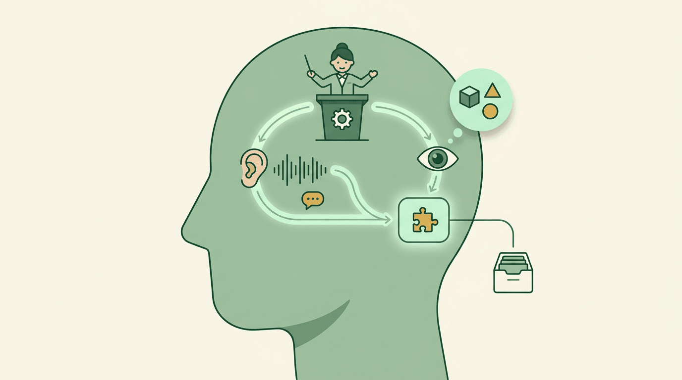 A diagram inside a head shows working memory components processing sound, visuals, and storage.