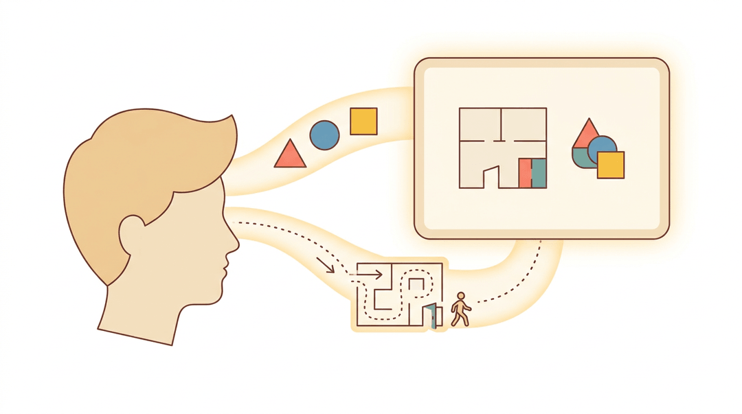 Flat illustration showing two pathways from a head to a screen, representing visual and spatial memory channels in education.
